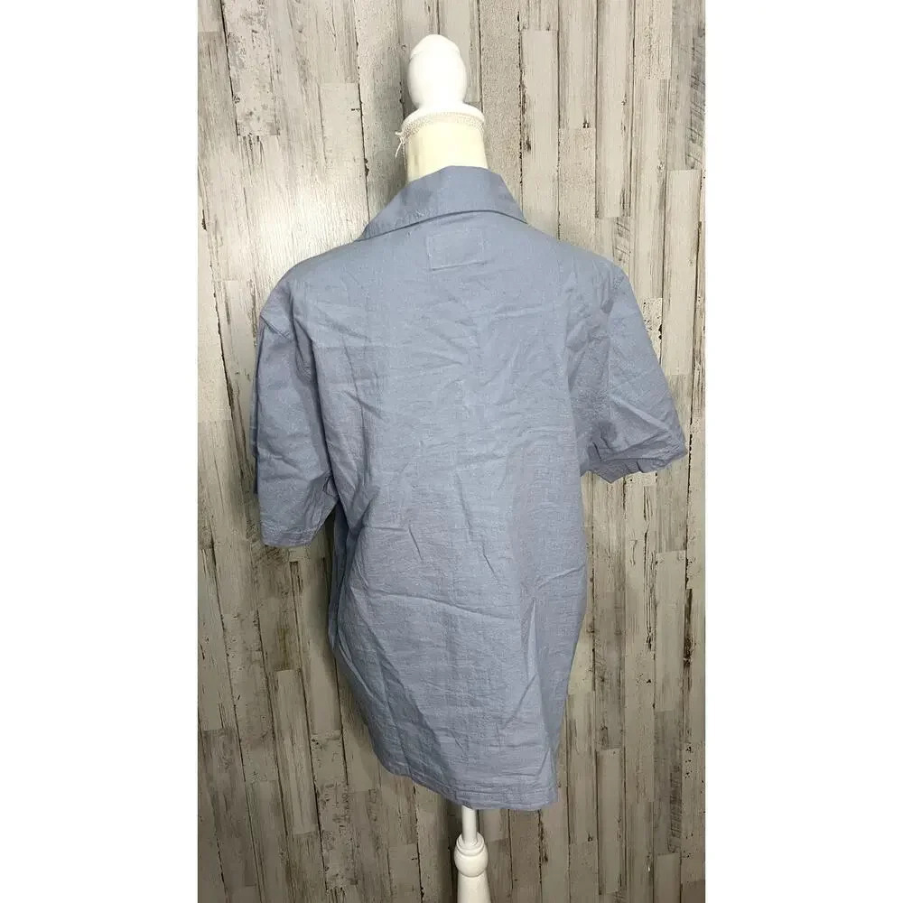 NWT Folk Mens Medium Blue Floral Embroidered Kota Short Sleeve Button-Down Shirt - Picture 5 of 6